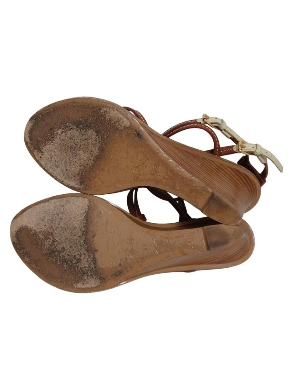 Louis Vuitton Sandals 38 Dark Brown Ivory Wedge Sole Flower Leather - Picture 4 of 7